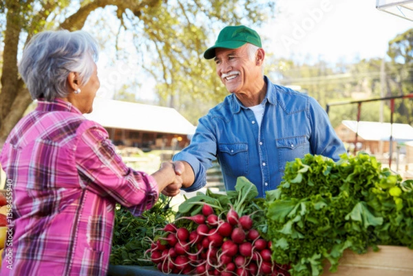 Obraz Happy Farmer and Senior Woman Shaking Hands at Farmers Market