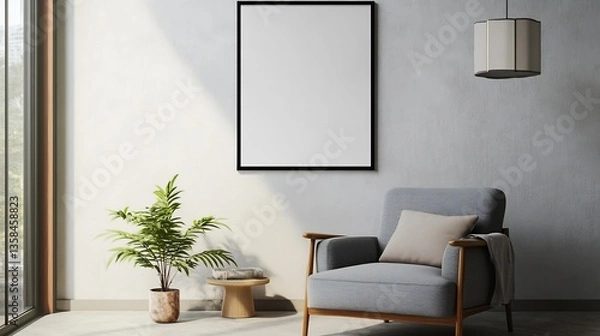 Fototapeta Aerial view of contemporary home with an ISO A framed wall poster above a comfortable armchair featuring soft natural light
