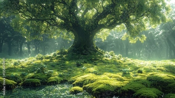 Fototapeta Majestic ancient oak tree in a mystical forest, sunlight filtering through leaves, moss-covered ground.