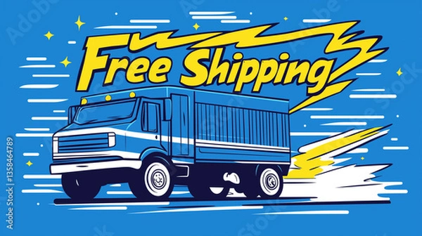 Fototapeta Express Free Shipping Truck Illustration with Lightning Speed Effect in Retro Comic Style
