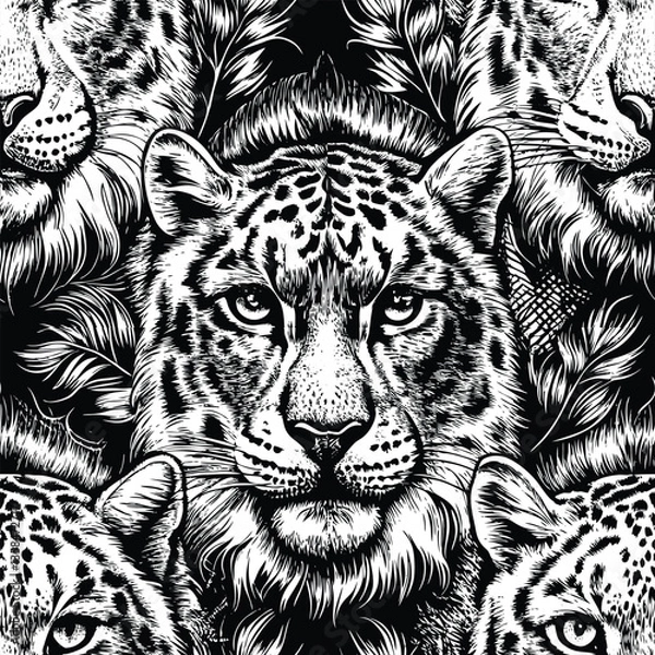 Fototapeta Black and White Leopard Line Art Seamless Pattern