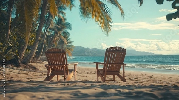 Obraz Relaxing Beach Scene with Tropical Chairs Overlooking Calm Waves