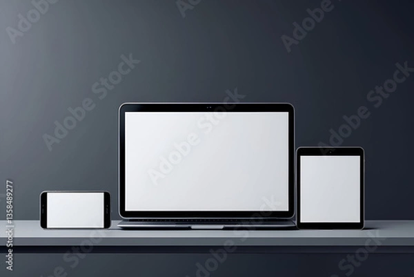 Obraz A high-resolution image of a modern laptop, smartphone, and tablet with blank white screens,Cropped shot of workspace with tablet, laptop, books,Blank laptop computer mockup and accessories on a white