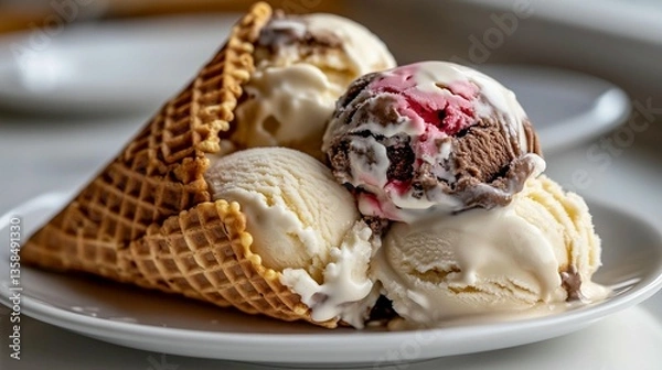 Fototapeta Three scoops of vanilla, chocolate, and strawberry ice cream in a waffle cone on a white plate.