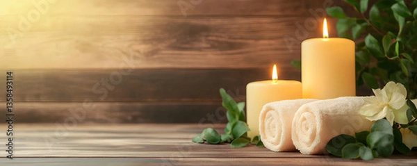 Fototapeta A tranquil still life featuring flickering candles and delicate flowers for a relaxing aromatherapy spa treatment