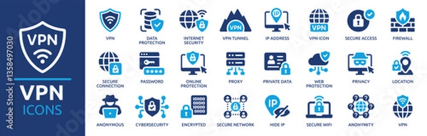 Fototapeta VPN icon set. Containing secure connection, cybersecurity, privacy, encrypted, proxy, firewall, online protection and more. Solid vector icons collection.