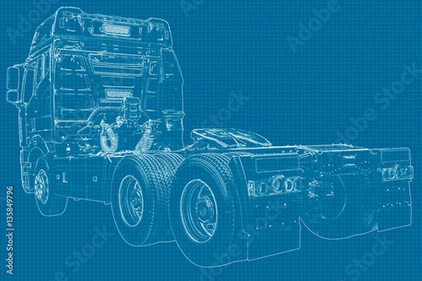 Obraz Truck drawing on graph paper white pencil