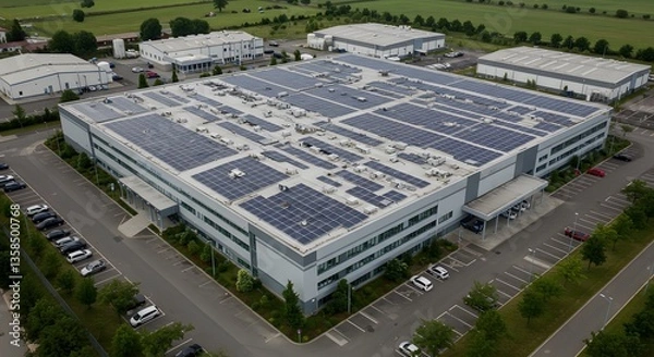 Fototapeta Aerial view of a large-scale data center powered by sustainable energy with solar panels on the roof, wallpaper, surrounded by greenery. background