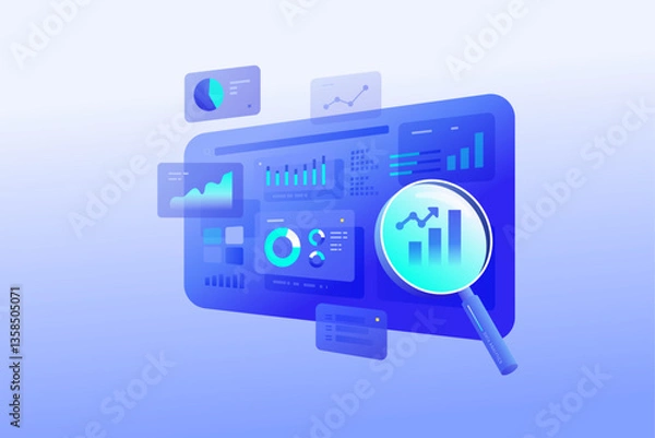 Fototapeta Data analytics concept illustration with search blue dashboard digital visualization business technology