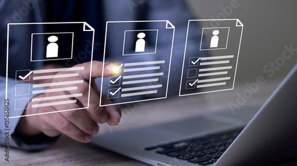 Fototapeta Human resource management concept. Businesswoman selects best employees from online job applicants to work efficiently and achieve sustainable business success. HR document review approval.