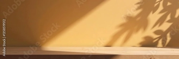 Fototapeta Empty table on brown background with natural shadows on the wall Mock up for branding products, presentation, food and health care,  natural shadows,  table