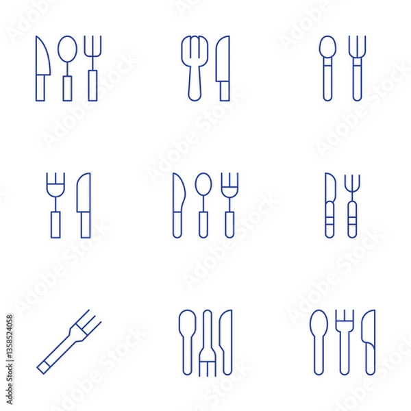 Obraz Fork and knife icons set. Thin Line style, editable stroke. kitchen utensils, cutlery, restaurant, baby cutlery, eat