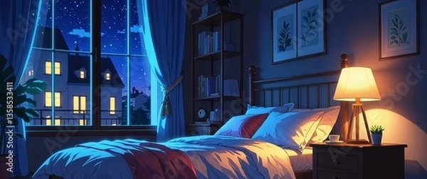 Obraz cartoon Night view of a bedroom with a softly glowing bedside table lamp anime illustration art design