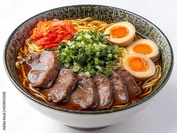 Fototapeta A delicious bowl of ramen featuring tender beef slices, soft-boiled eggs, green onions, and pickled vegetables in a rich broth.