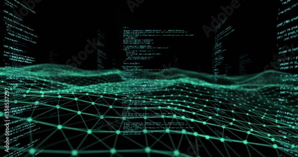 Fototapeta Digital code flowing over network grid, illustrating futuristic technology interface