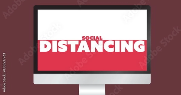 Fototapeta Computer screen displaying bold Social Distancing message in red and white