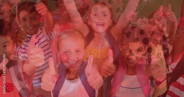 Obraz Digital composite image of covid-19 cells moving against group of kids showing thumbs up at school