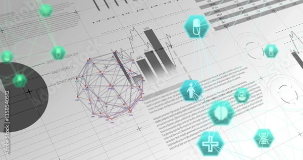 Fototapeta Image of interface with medical icons network of connections spinning over statistics recording