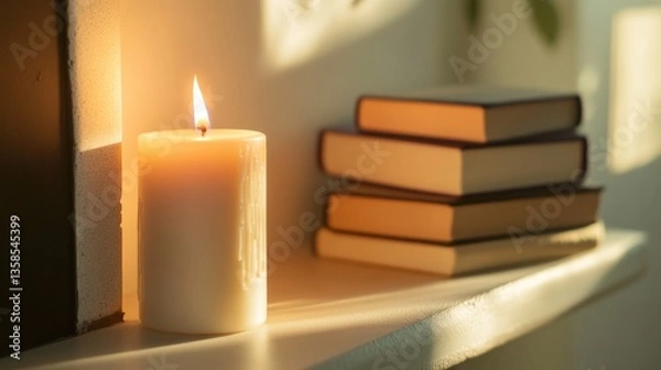 Fototapeta creative close-up of lit candle next to stack of books on fireplace mantle soft shadows and warm glow creating serene