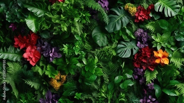 Obraz Lush tropical foliage wall decor. Vibrant greens, reds, purples, and yellows create a dense, diverse botanical display