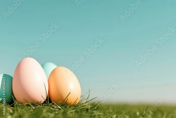Obraz vibrant easter arrangement featuring colorful eggs nestled in green grass under clear blue sky sunlight casting gentle