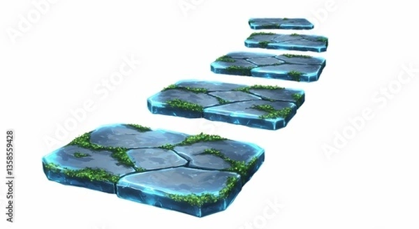 Obraz Magical Stone Steps Game Asset Blue Glowing Path with Moss