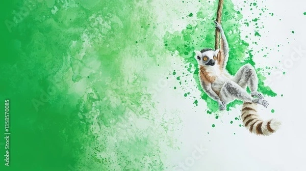 Fototapeta A -tailed lemur playfully hangs from a branch amidst a vibrant watercolor wash of green abstract splatters creating a whical jungle scene.