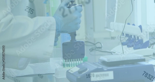 Fototapeta Image of statistics with hands of scientist testing with equipment in lab