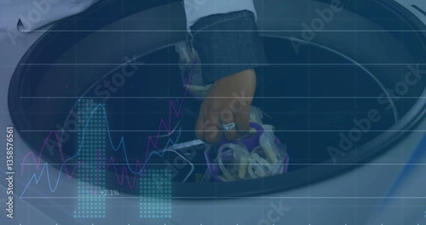 Fototapeta Image of digital nterface and statistics with hand of scientist using equipment in lab