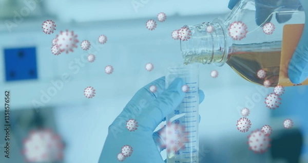 Obraz Image of floating covid cells and hands of scientist working in lab