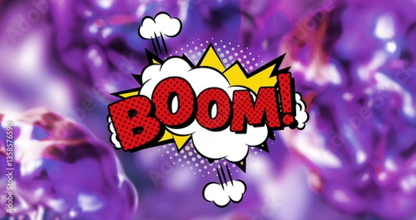 Fototapeta Image of boom text in red letters in retro speech bubble over glowing purple background