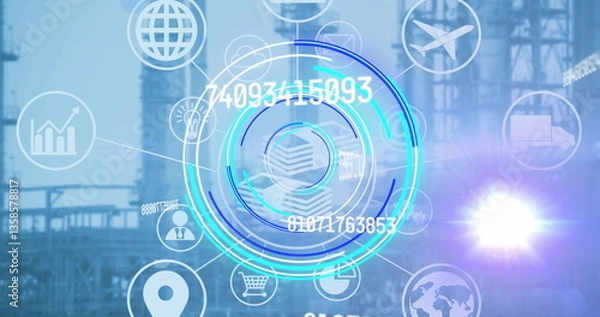 Fototapeta Image of circular scope with rising numbers connected business icons and factory behind
