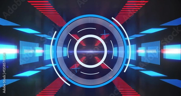 Obraz Image of digital interface showing circular scope scanning and blue and red lights on black