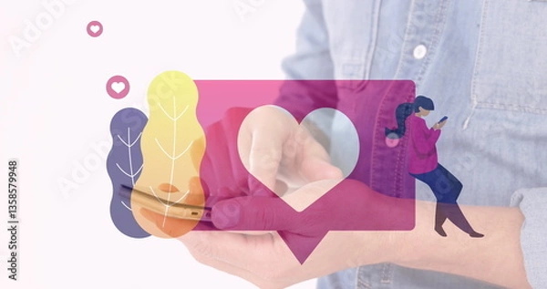 Obraz Image of heart emoji over caucasian man using a smartphone