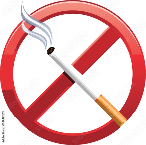 Obraz 3D No Smoking Sign with Red Forbidden Symbol and Cigarette Illustration