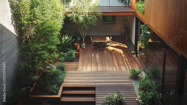 Obraz A modern Melbourne home with an updated extension, showcasing a stylish wooden deck, an open patio, and a vibrant courtyard area designed for relaxation. 