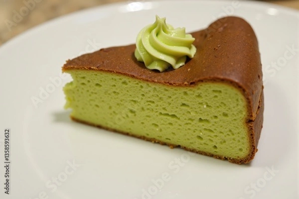 Fototapeta A Delicious Slice of Green Tea Cake Displayed on a White Plate, Showcasing its Fluffy Texture and Delicate Frosting on Top, Perfect for Dessert Lovers