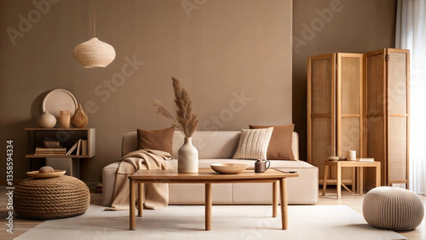 Fototapeta interior living room decoration plant wooden console table minimalist cozy space blank wall mock up canvas copy text paste