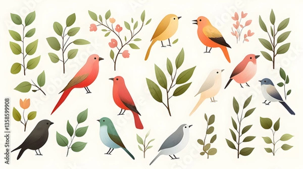 Obraz Hand Drawn Vector Elements of Spring Birds and Budding Leaves