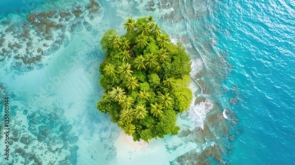 Obraz Aerial view of a lush green island surrounded by clear blue waters