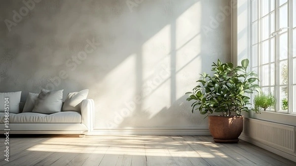 Obraz Sunlit Living Room Interior Design: Modern Minimalist Apartment with Cozy Sofa and Lush Greenery