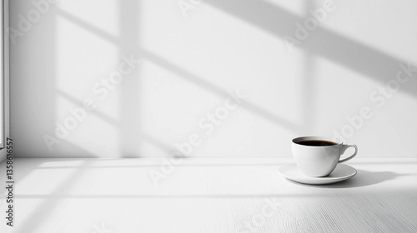 Fototapeta Minimalist White Cup Mockup with Blank Pages – Natural Light & Shadows for Elegant Branding and Design Presentation