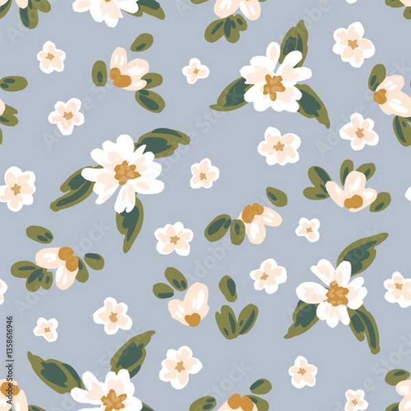 Fototapeta Hand painted fresh flowerbed and leaves in spring time in colors of off white, brown, green and beige on a blue background. Easter seamless vector pattern. Great for home decor, fabric, wallpaper, etc