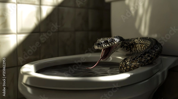 Fototapeta Snake Inside Toilet Bowl With Open Mouth And Tongue Extended In Bathroom With Light And Shadow