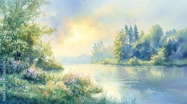 Obraz Tranquil Morning Scene with River and Lush Green Vegetation