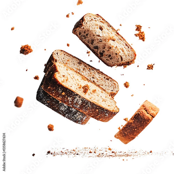 Fototapeta Slices of artisanal bread floating in mid-air with crumbs