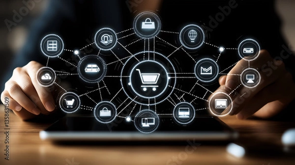 Fototapeta businessman hand using mobile payments online shopping, business strategy icons interface virtual screen 