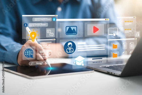 Fototapeta businessman or student use laptop for e-learning education learning and training online with webinar, video tutorial, internet lessons and online course application