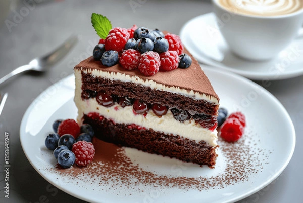 Fototapeta Rich Chocolate Layer Cake with Creamy Filling, Topped with Fresh Raspberries and Blueberries, Served on a White Plate with a Cup of Coffee