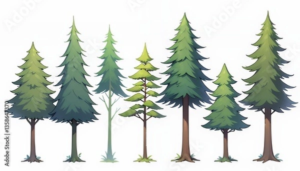 Fototapeta Eight Stylized Pixel Art Pine Trees on White Background